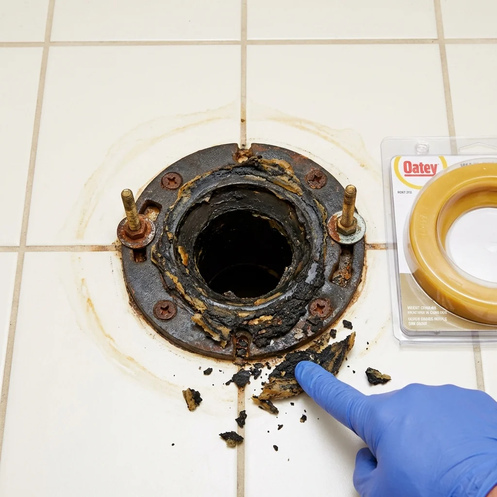 Failed wax ring showing water seepage at the base of a toilet in a Bremen, IN home